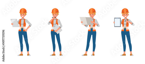 Woman construction worker thinking looking and showing clipboard character vector illustration design set.