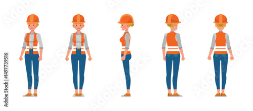 Women construction worker service front, side and back view character vector illustration design set. Presentation in various action.