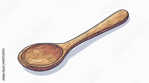 The image presents a digital illustration of a wooden spoon. The spoon is depicted in a slightly isometric perspective, showcasing its curved bowl and elongated handle. The style is reminiscent of.