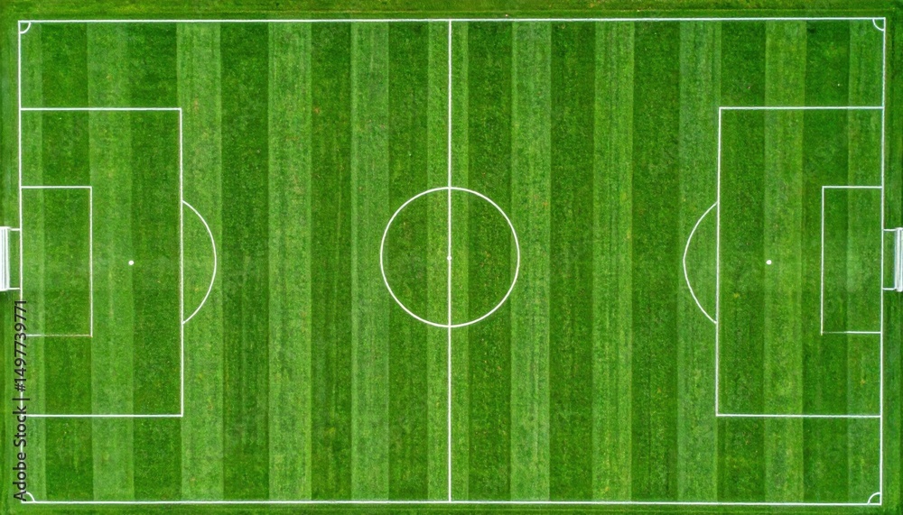 Top-down view of a freshly marked green football field representing organization, competition and sporting spirit in a professional setting Top-down view of a freshly marked green football field representing organization, competition and sporting spirit in a professional setting