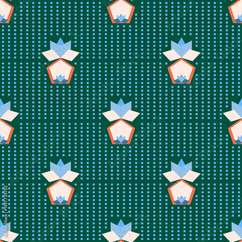 Geometric flower pattern of blue and cream on green background. Abstract shape of floral pot design. Concept of seamless, cute, modern, playful for textile, tile, home decor, backdrop, wallpaper.