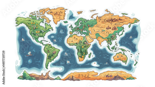 This image features a stylized hand-drawn illustration of a world map. The continents are depicted in varying shades of green, tan, and brown, suggesting diverse landmasses. The oceans are.