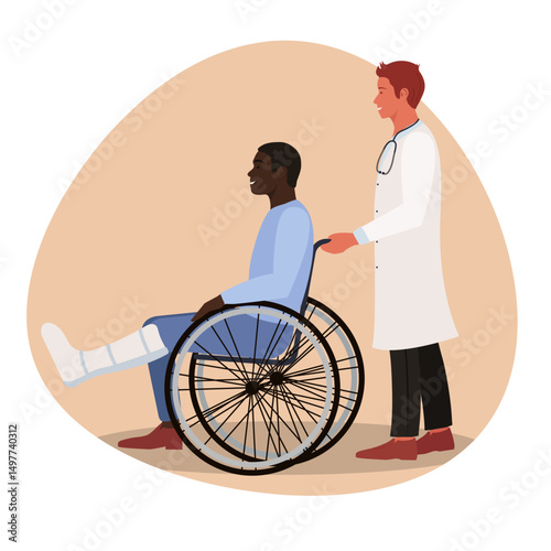Traumatology. A male doctor is taking a patient in a wheelchair with a broken leg and a cast for an X-ray. Fractured leg bone.