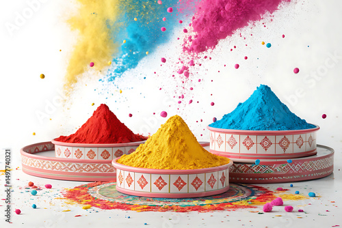 3d Rendering Illustration For Podium Holi Festival Of Colors Colorful Gulaal Powder Colorgulal white Background Ai generate.
