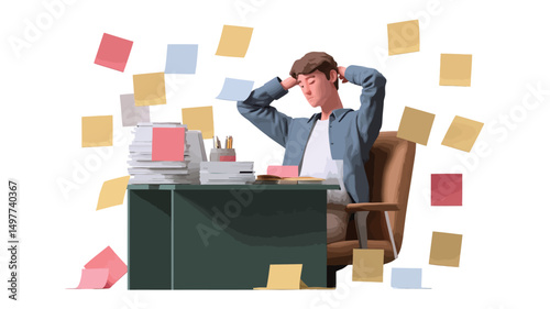The image presents a digitally rendered illustration of a young Asian man seated at a dark green desk in a tan chair against a white background. He is depicted sitting with his hands on his head.