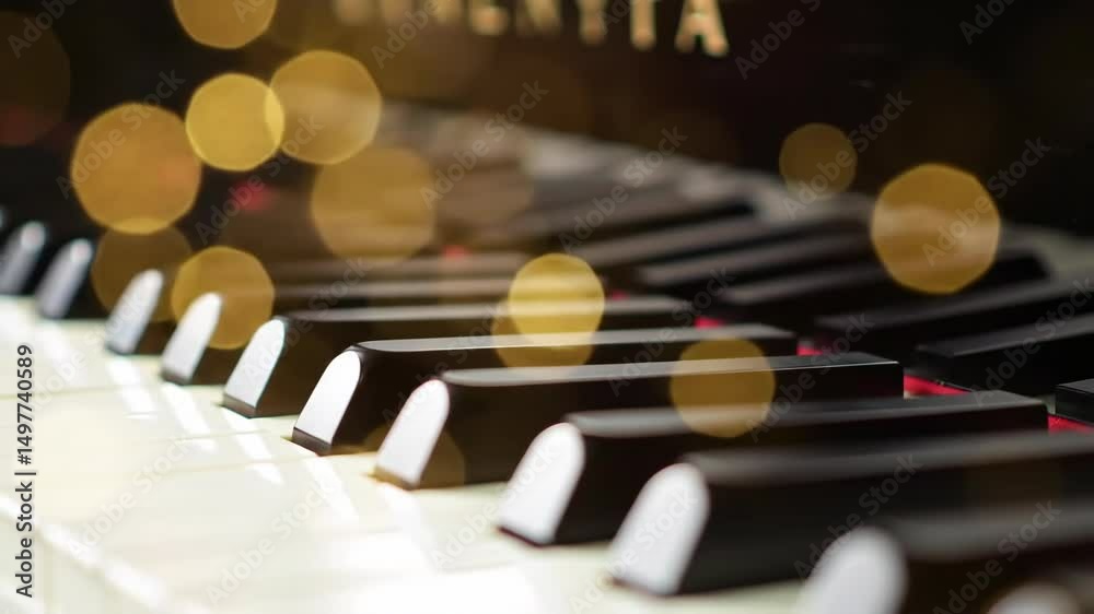 Piano Keys Close Up with Bokeh Lights Elegant Musical Instrument Detail Piano Keys Close Up with Bokeh Lights Elegant Musical Instrument Detail