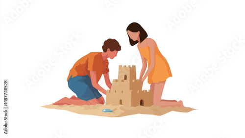 The image is a digital illustration depicting two children, a boy and a girl, kneeling on a sandy surface and collaboratively constructing a sandcastle. The artistic style is characterized by