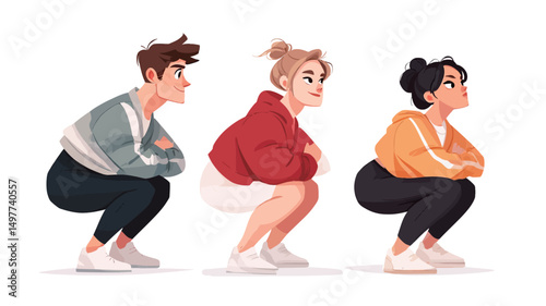 Three cartoon people are demonstrating squats, each with a slightly different posture and style.