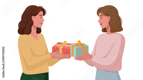 A poster with two people giving presents to a woman