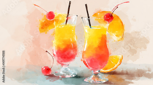Colorful Tropical Cocktail Drinks with Cherry and Orange Garnish