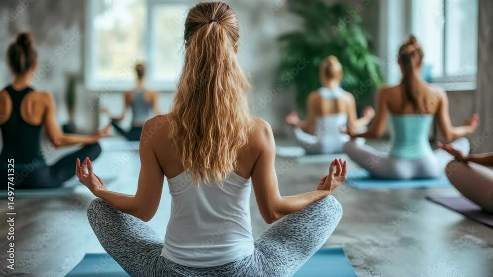 group of women doing yoga indoors