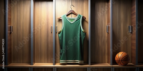A dark green jersey hangs neatly in a wooden locker room, ready for the next game, accompanied by a basketball resting on the bench below.