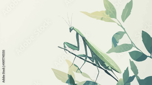 A light green mantis perches on a leafy twig against a bright background.
