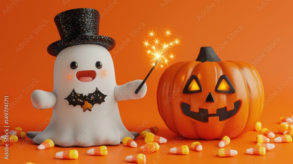 Naklejka premium A whimsical Halloween scene of a charming ghost conjuring sparks near a carved pumpkin.