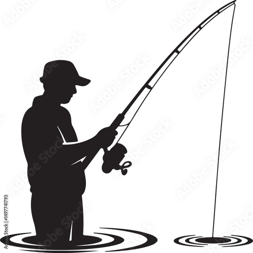 Silhouette Of A Fisherman Standing In Water Casting A Line For Fishing.