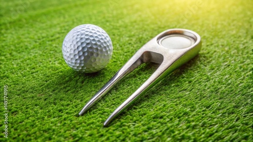 A gleaming metal golf ball marker and divot tool rests on a vibrant green putting surface, ready for the next shot