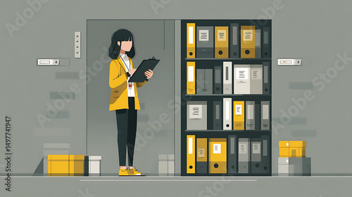 Woman Organizing Office Files with Folder in Modern Workspace