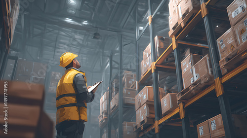 Warehouse Worker Inspecting Inventory in Modern Storage Facility