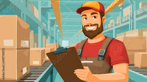 Smiling Warehouse Worker with Clipboard in Shipping Facility