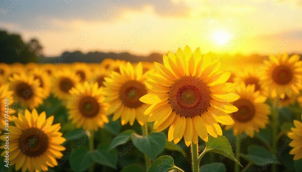 Fototapeta premium Golden hour sunlight illuminates a vibrant, sun-drenched field of sunflowers, swaying gently in a warm breeze, evoking a feeling of pure, joyful bliss and summery contentment , tranquility, rural