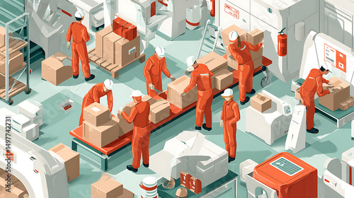 Warehouse Workers Organizing Packages in Busy Distribution Center