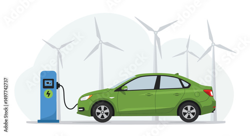 Electric Car Charging at Station with Wind Turbines - Sustainable Energy Concept