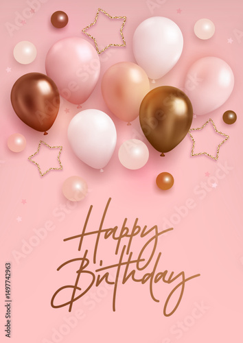 Vector birthday elegant greeting card, banner or party invitation with realistic 3d golden, pink and white balloons and falling confetti on pink background. Vector illustration