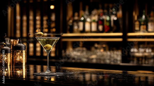 Elegant martini cocktail on bar counter with luxury atmosphere