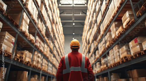 Worker in Safety Gear Observing Warehouse Stock and Storage Area