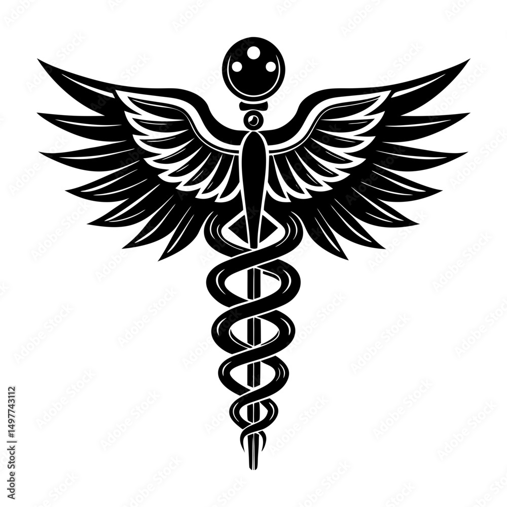 Black and white caduceus symbol with wings design Black and white caduceus symbol with wings design