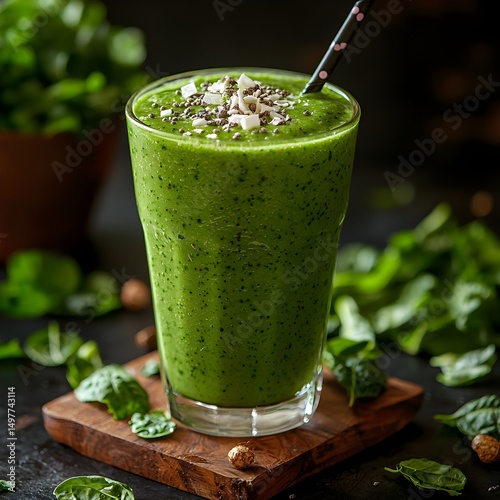 Refreshing Green Smoothie on Wooden Cutting Board