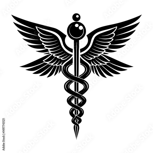 Detailed black caduceus with wings illustration