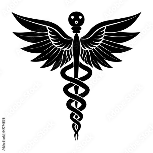 Black and white caduceus medical symbol with wings