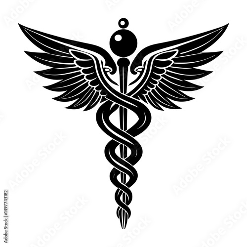 Detailed black caduceus medical symbol illustration