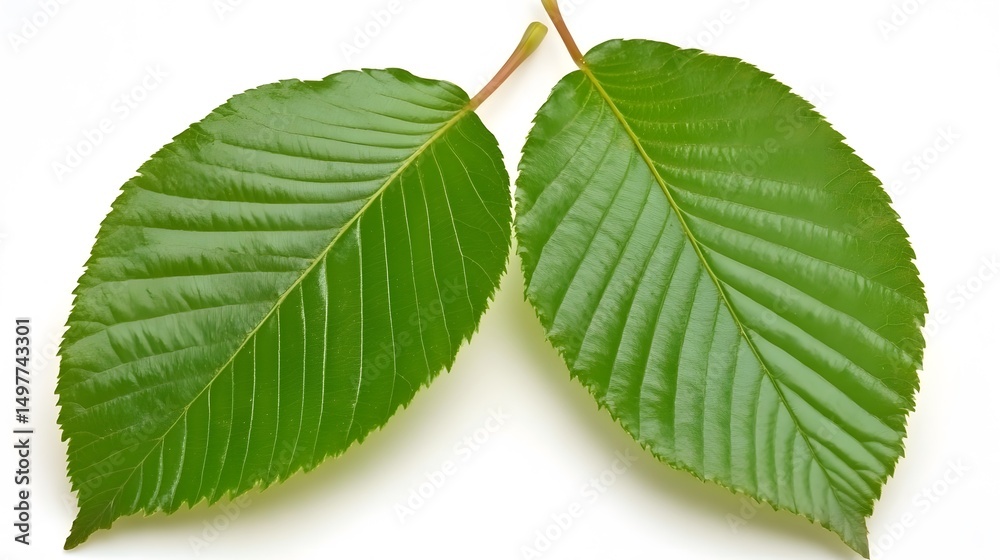 Obraz premium Two Vibrant Green Leaves Closeup Nature Photography