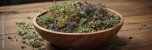 Assortment of dried herbs in a wooden bowl, ready for brewing, spice, homemade, ingredients