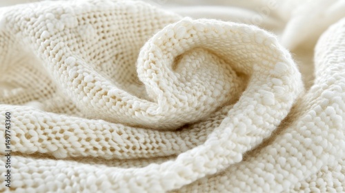 Close up shot of a creamy white textured knitted wool fabric with a curled edge.