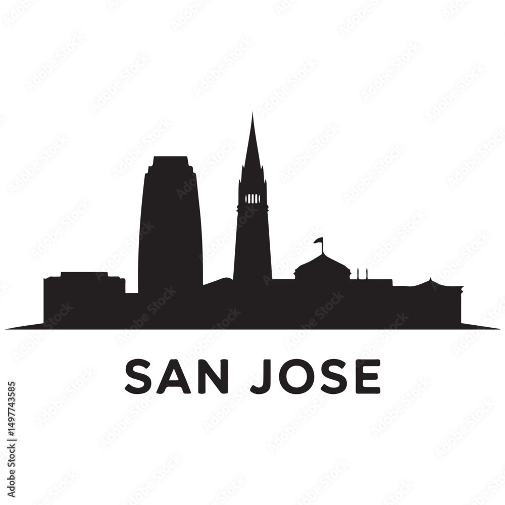 Obraz premium Vector San Jose skyline. Travel San Jose famous landmarks. Business and tourism concept for presentation, banner, web site. Vector black silhouette. with white background