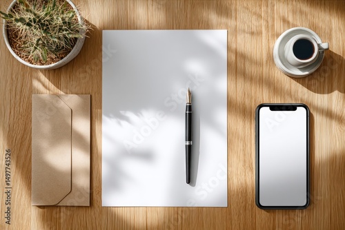 Blank paper fountain pen and phone arranged beside envelope and coffee on wooden desk under soft light evoking thoughts of writing from afar