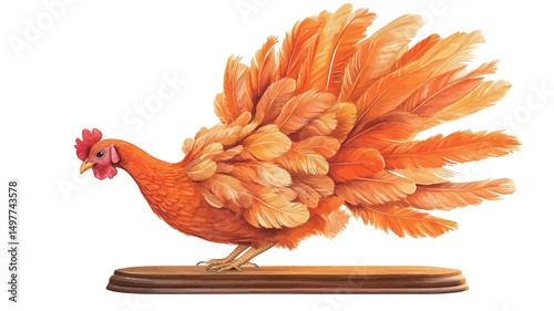 An orange-hued decorative chicken statue with a flamboyant tail stands on a wooden base.
