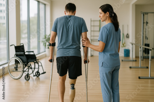 Physical therapist assists man with prosthetic leg during rehabilitation session using crutches in bright clinic