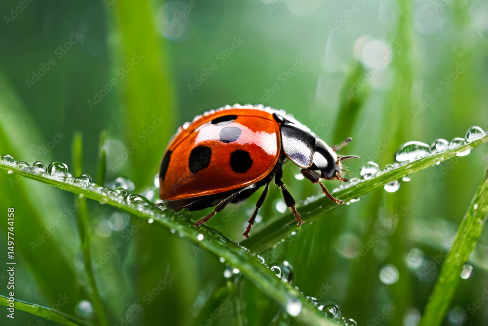 Fototapeta premium Ladybug Walking on o Fresh Leaf stock photo