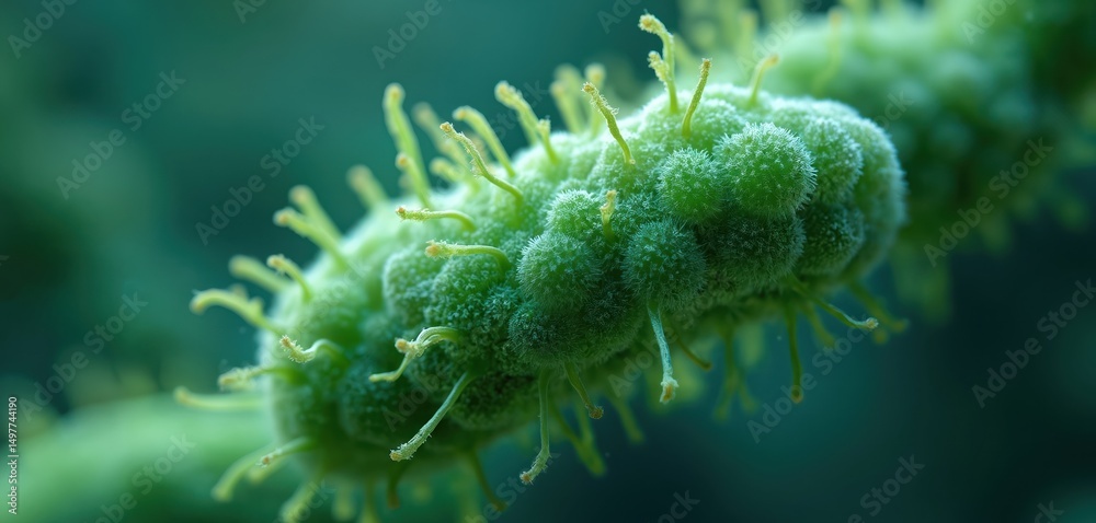 Naklejka premium Close-up illustration green gut flora bacteria. Microbial structure, symbiosis. Microscopic view of gut microbiome ecosystem, probiotics, beneficial intestinal health. Science, research background.