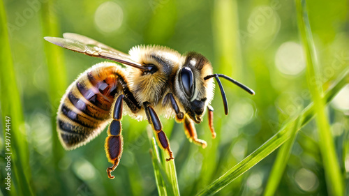 Bee Walking on o Fresh Leaf stock photo