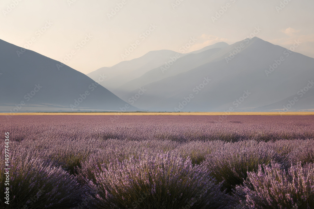Obraz premium breathtaking view of lavender mountain bathed in soft morning light showcasing delicate hues of lavender fields