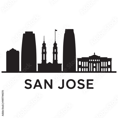 Vector San Jose skyline. Travel San Jose famous landmarks. Business and tourism concept for presentation, banner, web site. Vector black silhouette. with white background