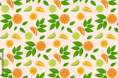 Seamless repeating pattern of citrus fruits with leaves. Vector illustration.