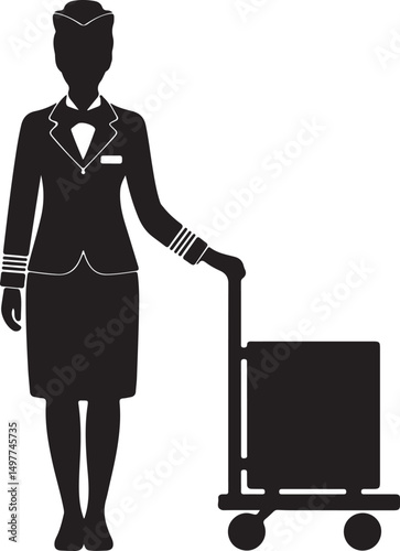 Flight Attendant Silhouette With Luggage Trolley Black And White Illustration.