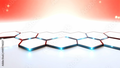 Abstract Background with Hexagonal Mesh and Glowing Data Points in White and Red Tones Featuring a Modern Geometric Design