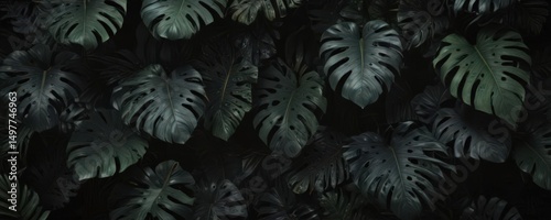 Dark tropical leaves, black background  Lush, exotic foliage design , elegant, digital art, fabric